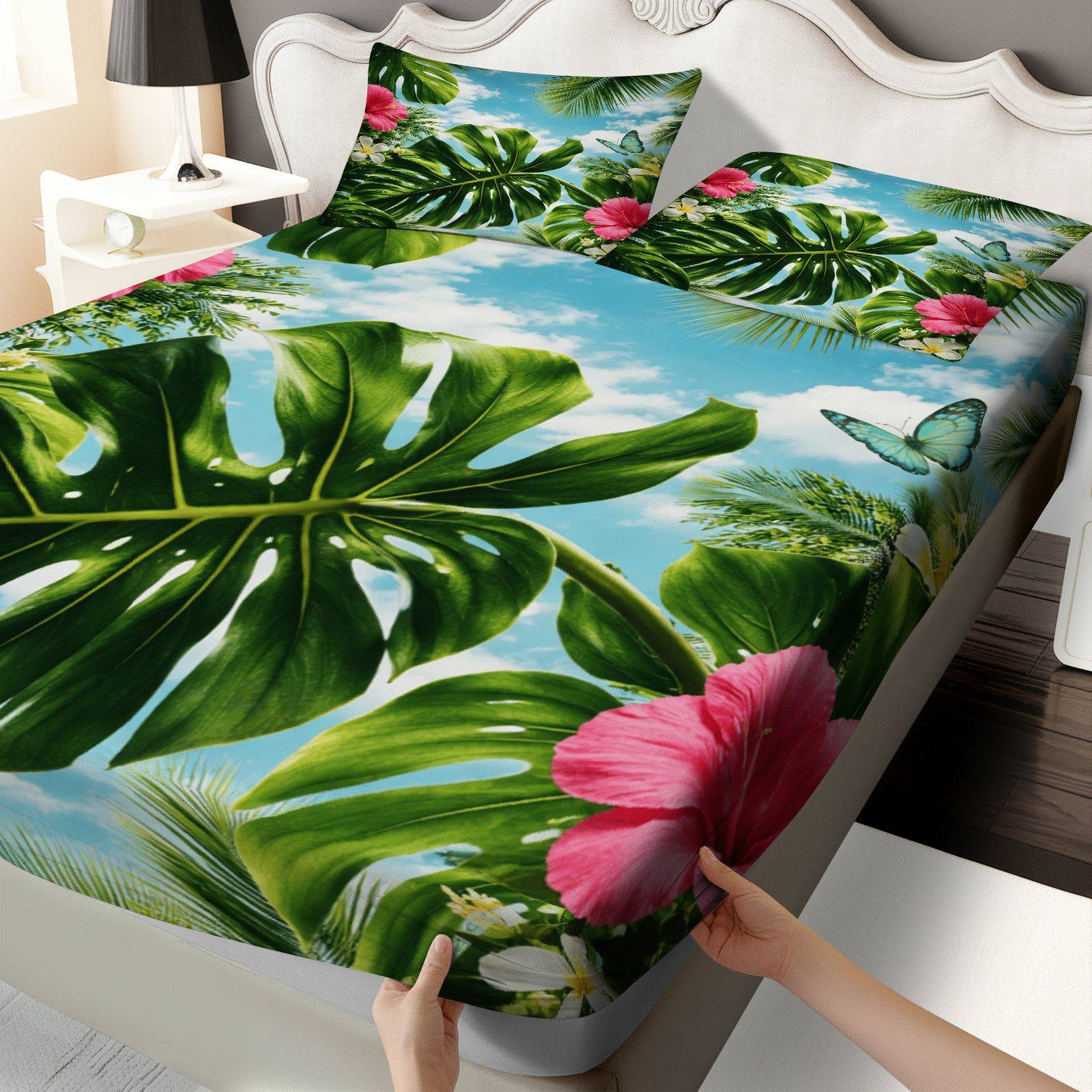 Fitted Sheet Deep - Tropikal Hibiscus Yatak Örtüsü Seti, Yaz