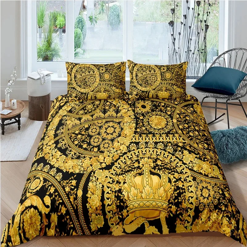 Bed Sheet Microfiber - Barok Modern Sanat 3D Altın Aslan